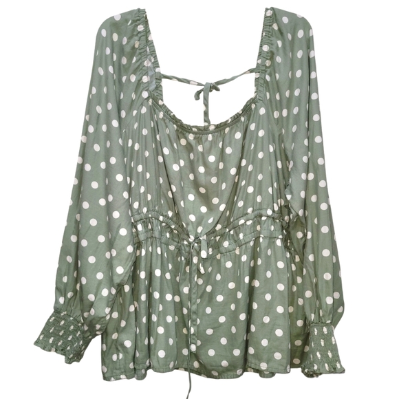 3X Ava & Viv Avocado Green Polka Dot Blouse with Smocked Adjustable Waist - Picture 3 of 6